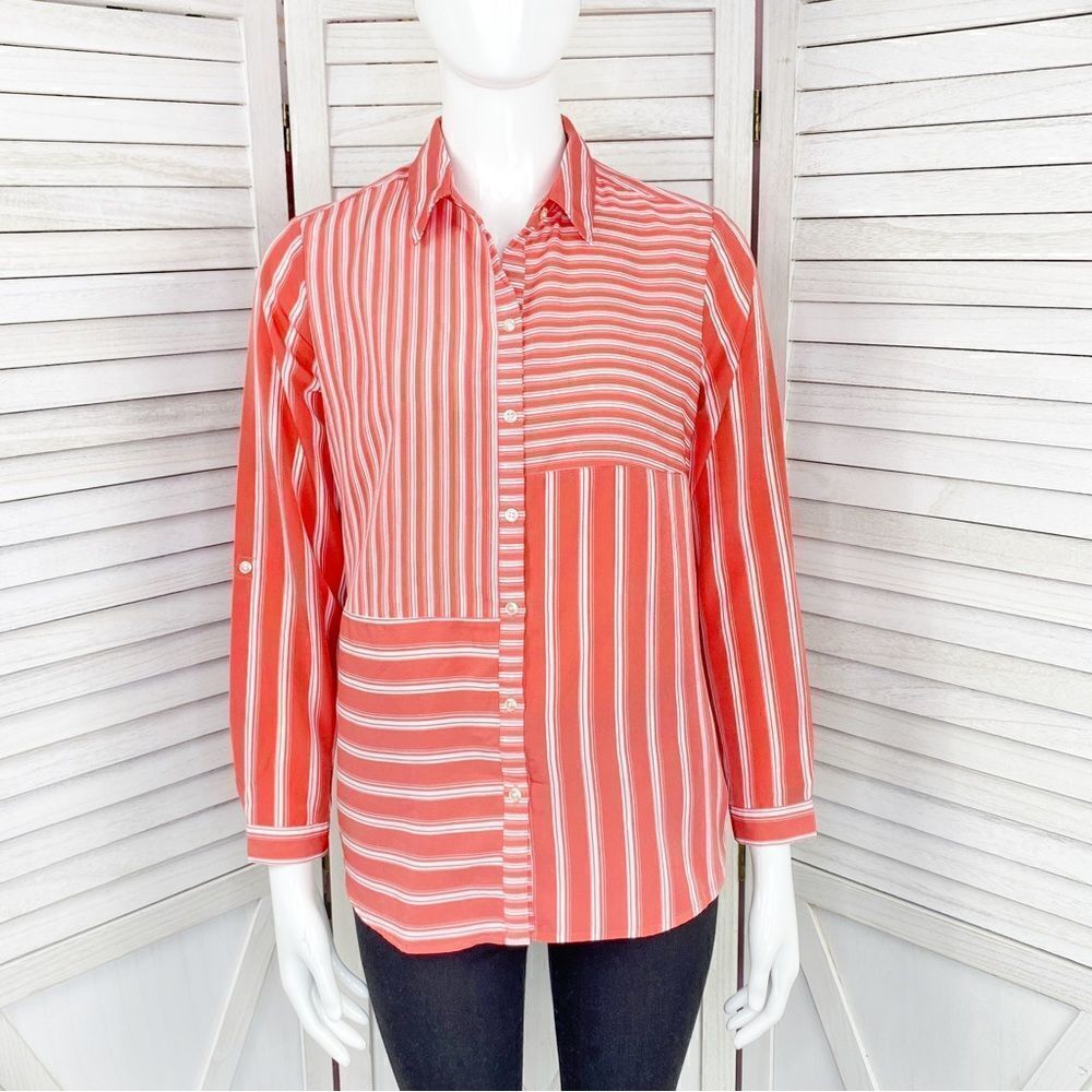 Charter Club Multi Stripe Pattern Block Button Front Blouse ‎  Coral White SP